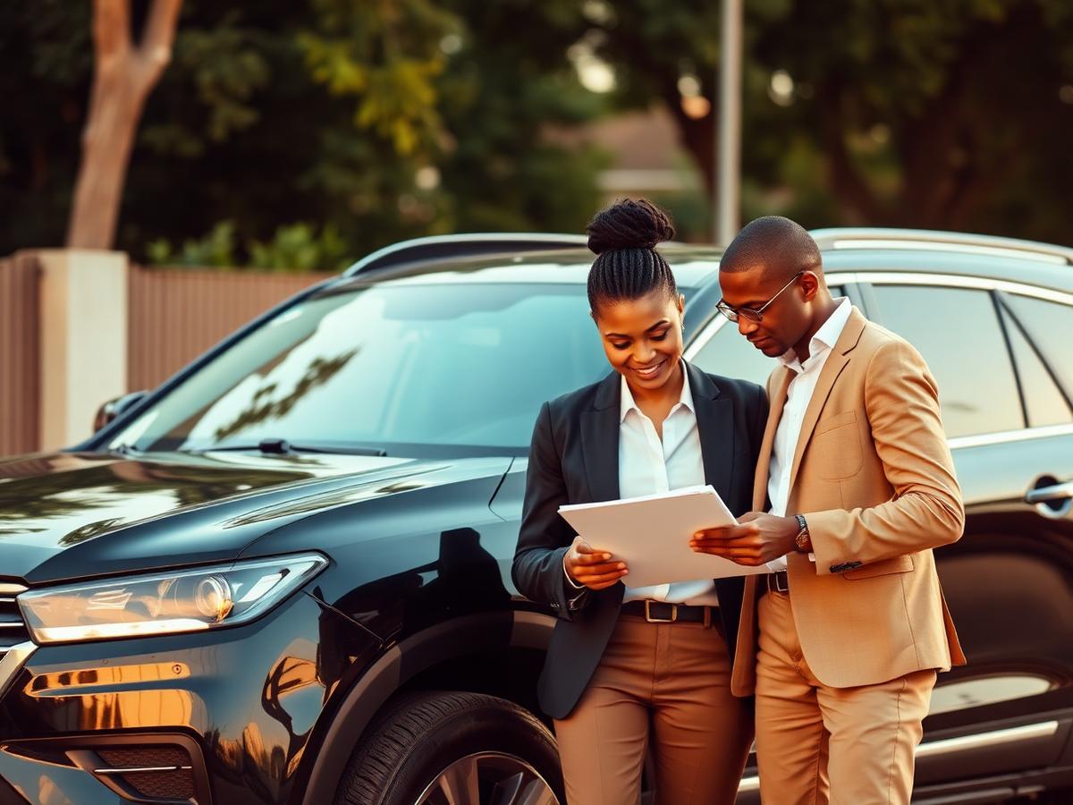 Two Detobanis Logistics team members reviewing journey details beside an executive SUV