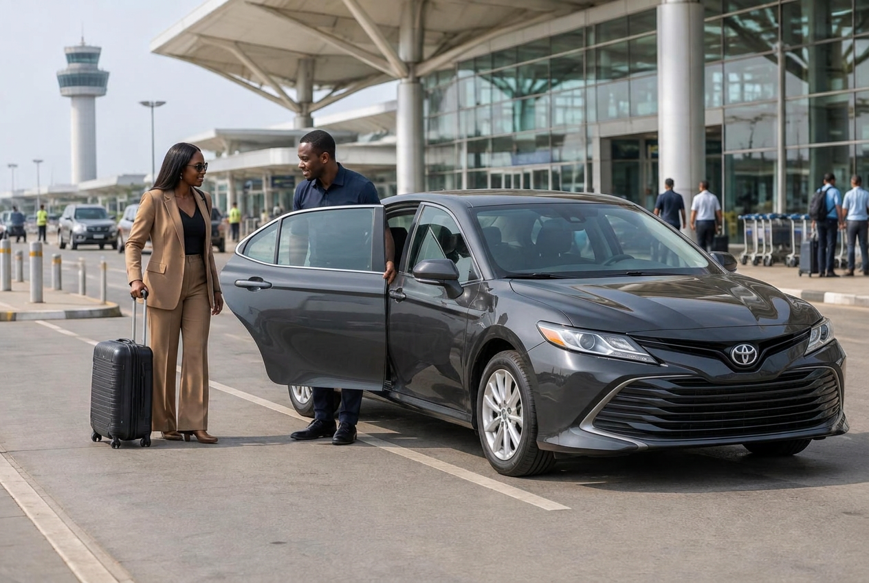 Illustrative airport transfer scene: a driver welcoming a traveler with luggage beside a sedan outside an airport terminal