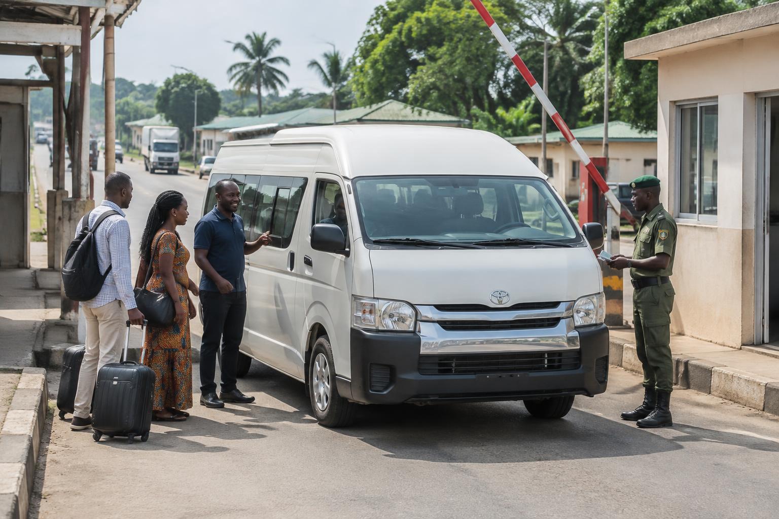 Illustrative cross-border travel scene: travelers and a passenger minibus at a West African border checkpoint