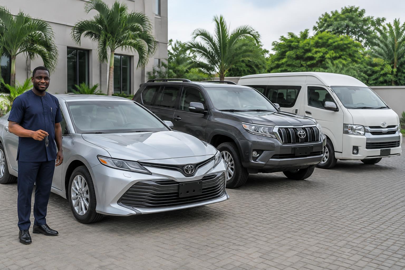 Illustrative vehicle hire scene: an attendant with keys beside a sedan, SUV and passenger minibus